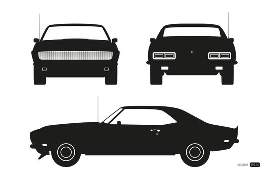 Black silhouette of retro car. American vintage automobile of 1960s. Front, side and back view. Classic auto