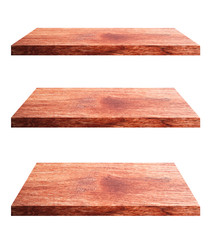 Set of empty brown wooden shelf isolated on white background. for montage of your product