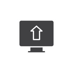 Upload arrow on monitor screen vector icon. filled flat sign for mobile concept and web design. simple solid icon. Symbol, logo illustration. Pixel perfect vector graphics