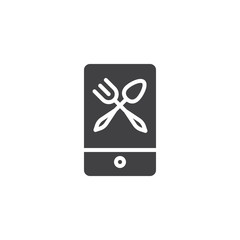 Foodie vector icon. filled flat sign for mobile concept and web design. Fork and spoon on mobile phone screen simple solid icon. Symbol, logo illustration. Pixel perfect vector graphics