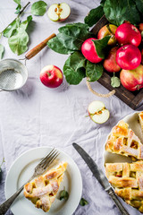 Autumn traditional baked pastry, Sweet homemade apple pie with fresh apples on light linen cloth background, copy space