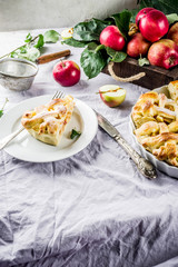 Autumn traditional baked pastry, Sweet homemade apple pie with fresh apples on light linen cloth background, copy space