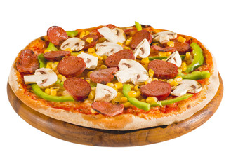 Pizza with salami and vegetables