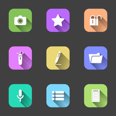 Set of flat icons in multi-colored squares for a mobile phone. Vector illustration on a gray background