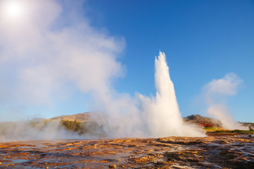 Great view of Strokkur geyser. Location place Geyser Park, Hvita river, Haukadalur valley area, Iceland. Europe.