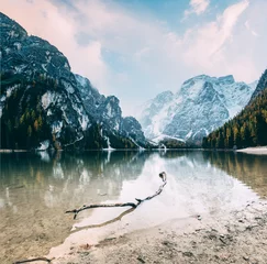 Foto auf Alu-Dibond Great alpine lake Braies. Location place Dolomiti, national park Fanes-Sennes-Braies, Italy. © Leonid Tit