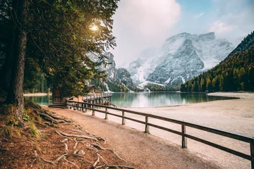 Foto op Aluminium Great alpine lake Braies. Location place Dolomiti, national park Fanes-Sennes-Braies, Italy. © Leonid Tit