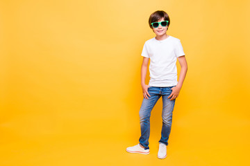 Full height portrait of attractive young cheerful school boy, smiling, wearing sun glasses standing...