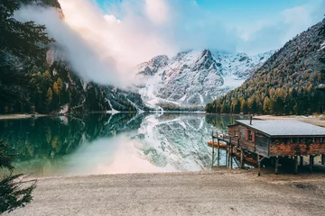 Foto auf Alu-Dibond Great alpine lake Braies. Location place Dolomiti, national park Fanes-Sennes-Braies, Italy. © Leonid Tit