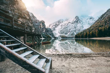 Gordijnen Great alpine lake Braies. Location place Dolomiti, national park Fanes-Sennes-Braies, Italy. © Leonid Tit