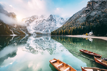 Great alpine lake Braies. Location place Dolomiti, national park Fanes-Sennes-Braies, Italy.
