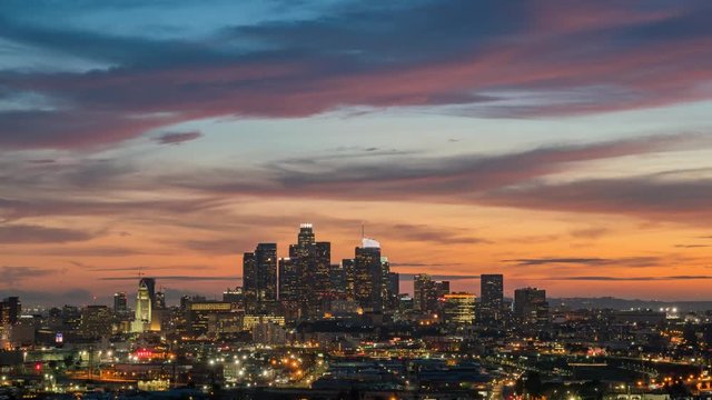 Sunset to night motion timelapse of the beautiful Los Angeles skyline, California