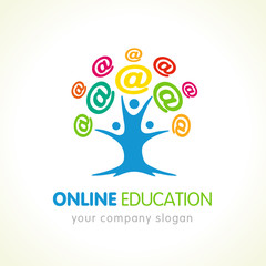 Online education logo, people tree and colored internet sign. Communication emblem, university or school learning vector template. Family tree, human tree icon
