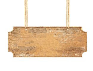 empty wooden sign hanging on a rope on white background