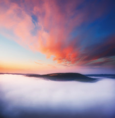 Great view of the foggy river. Location place Dnister canyon, Ukraine, Europe.