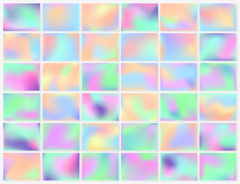 Holographic background. Smooth multicolor textures. Hologram backdrops. Pastel trendy blurs. Modern vector illustrations for web design, fashion or printed products.