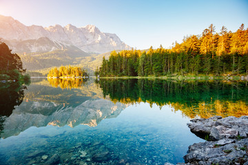 A look at the famous lake Eibsee in sunligth.