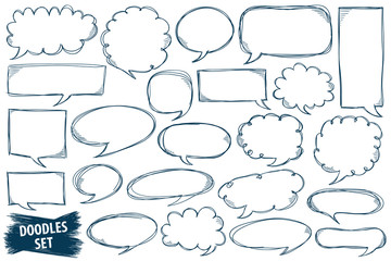 Speech bubble doodles set. Scribble frames collection. Sketch vector. Hand drawn effect illustration. Messages, phrases, text, chat, talk or dialog clouds set. Scrawl graphics isolated on white.