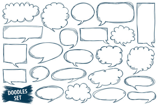 Speech Bubble Doodles Set. Scribble Frames Collection. Sketch Vector. Hand Drawn Effect Illustration. Messages, Phrases, Text, Chat, Talk Or Dialog Clouds Set. Scrawl Graphics Isolated On White.