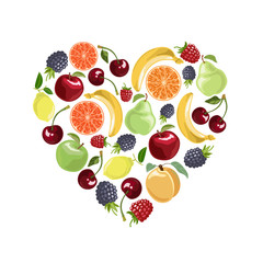 Fruit set in the shape of a heart. Vector illustration in cartoon style.