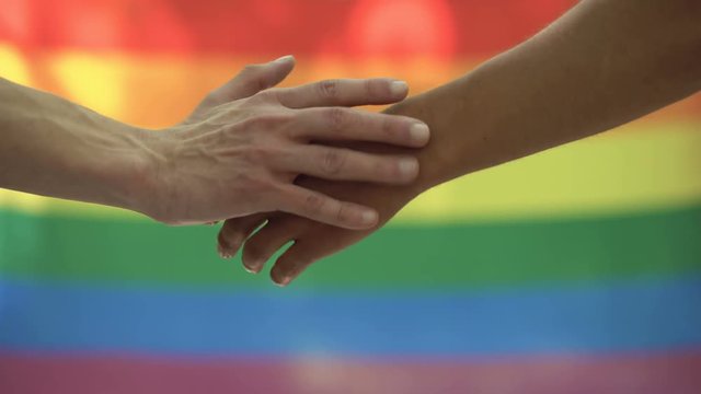 Gay stroking partner hand lgbt flag background, rights equality pride march
