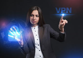 The concept of business, technology, the Internet and the network. A young entrepreneur working on a virtual screen of the future and sees the inscription: VPN
