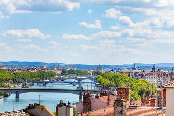 Rhone river with its bridges in Lyon, France