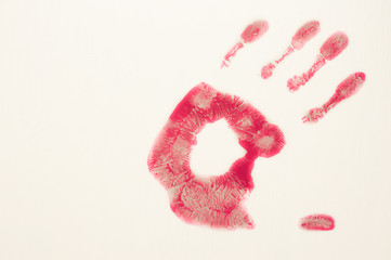 One red bloody human handprint on white background