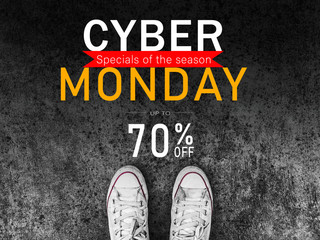 Cyber Monday specials of the season up to 70% off grunge sneakers shoes background