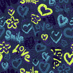 Abstract seamless vector pattern for girls, boys, clothes. Creative background with flower, hearts. Funny wallpaper for textile and fabric. Fashion style. Colorful bright