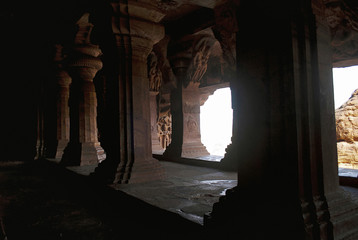 Cave 3: View from the inner hall, Badami Caves, Karnataka.