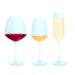 Set of different wine glasses icons: for red, white and champagne. 