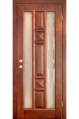 Fototapeta premium Wooden interior door of cherry wood with brass handle and insets of frosted glass with ornament isolated on white
