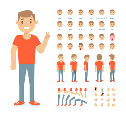 Front, side, back view animated character,separate parts of body. Young man constructor with various views, hairstyles, poses and gestures. Cartoon style, flat vector illustration.