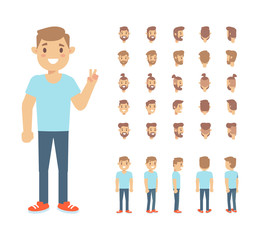 Front, side, back view animated character, separate parts of body. Young guy constructor with various views, hairstyles. Cartoon style, flat vector illustration.