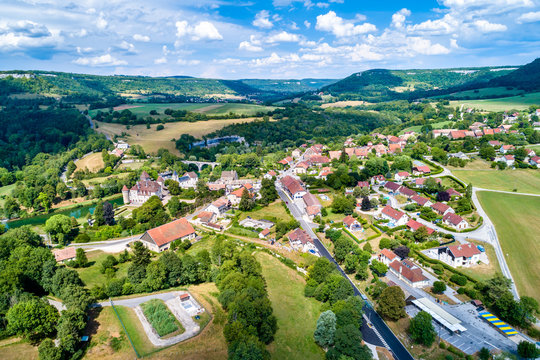 Aerial view of Cleron, a village in France famous for its castle
