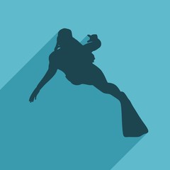 Silhouette of diver. Icon diver. The concept of sport diving. Web icon with long shadow