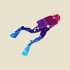 Silhouette of diver. Icon diver. The concept of sport diving. Textured by connected lines with dots.