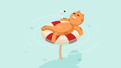 Plakat Black cat floating on yellow air pool water mattress. Palm tree leaf. Cute cartoon relaxing character. Sunglasses. Water with waves. Flat design. Vector
