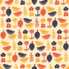 Gordijnen Retro vintage jaren vijftig stijl naadloos patroon geïnspireerd op de zomer met bladeren, bloemen, vogels en natuurillustraties. Zomerpatroon uit het midden van de eeuw. © Lu Otero