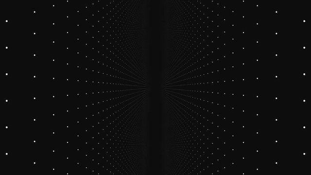 Moving through abstract fractal point matrix lattice. Moving infinite square twisted tunnel of shining flares. Fly into geometric point structure. Infinite space dynamic background. Glowing points