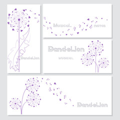 Postcards designs with musical dandelions. Wedding set. Vector Floral Frame Set. Flying in the wind, the parachutes from hearts and notes.
