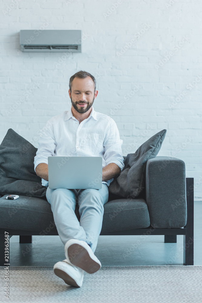 Wall mural bearded man using laptop on sofa, with air conditioner on wall