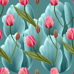 Seamless pattern with tulips flowers on blue background. Trendy fashion vector illustration.