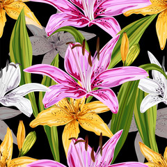 Floral seamless pattern,Lily flowers pink ,white,yellow colors,on black background