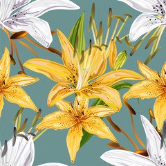  Lily seamless pattern ,Yellow ,white and silhouette on blue background