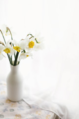 beautiful amazing yellow daffodils in modern white vase on background of morning light from window