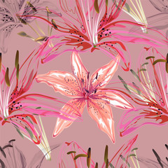 Floral seamless pattern,Lily flowers on yellow background