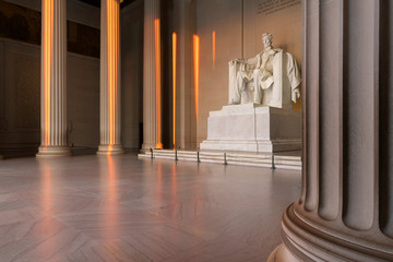 The Lincoln Memorial indoors at Sunrise on the National Mall in Washington DC.