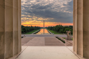 Washington Monument at Sunrise from new reflecting pool by Lincoln Memorial,  Washington DC, USA.